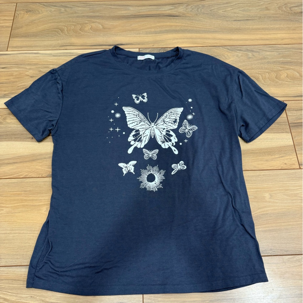 ROMWE Dark Blue Kids T-Shirt with Butterfly Design
